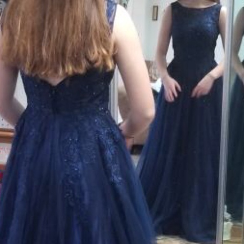 Navy Blue, High Neck, Embroidered, Gown - Picture 3 of 3